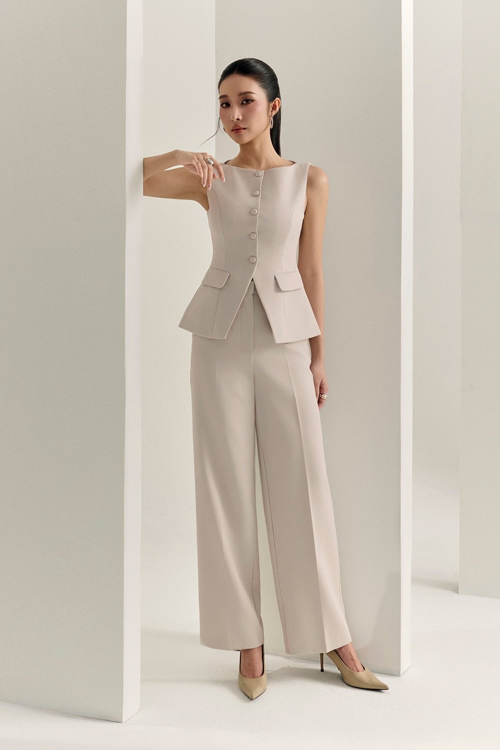 Narissa Tailored Vest Top in Greige Stone