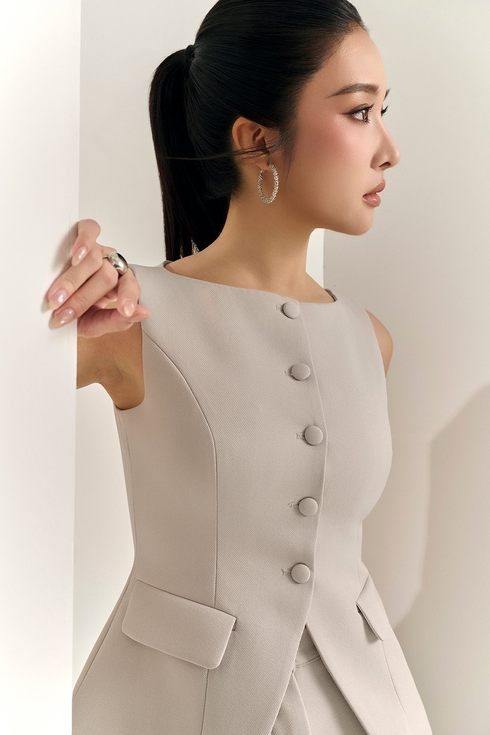 Narissa Tailored Vest Top in Greige Stone