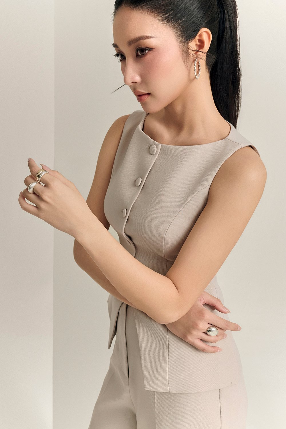 Narissa Tailored Vest Top in Greige Stone