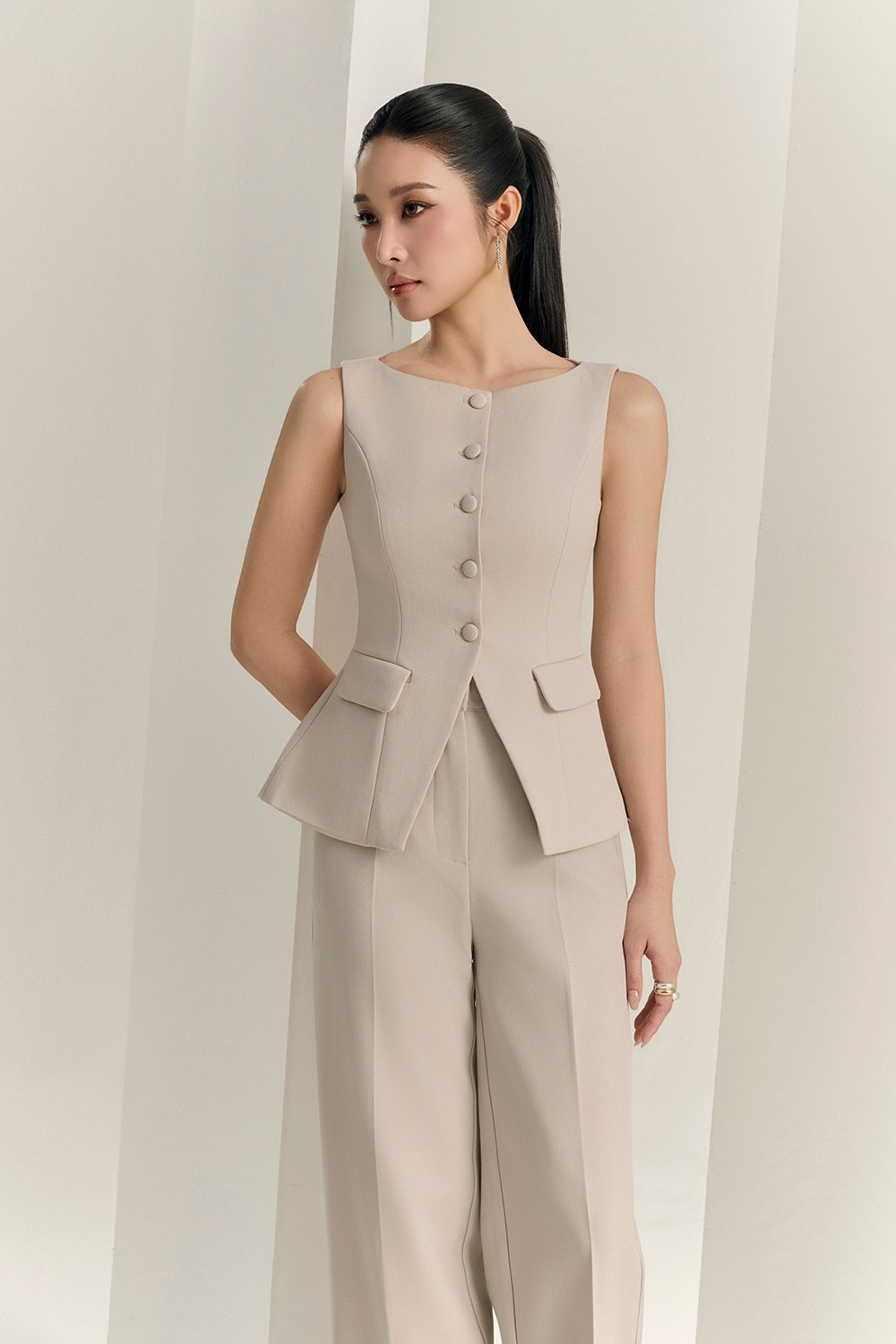 Narissa Tailored Vest Top in Greige Stone