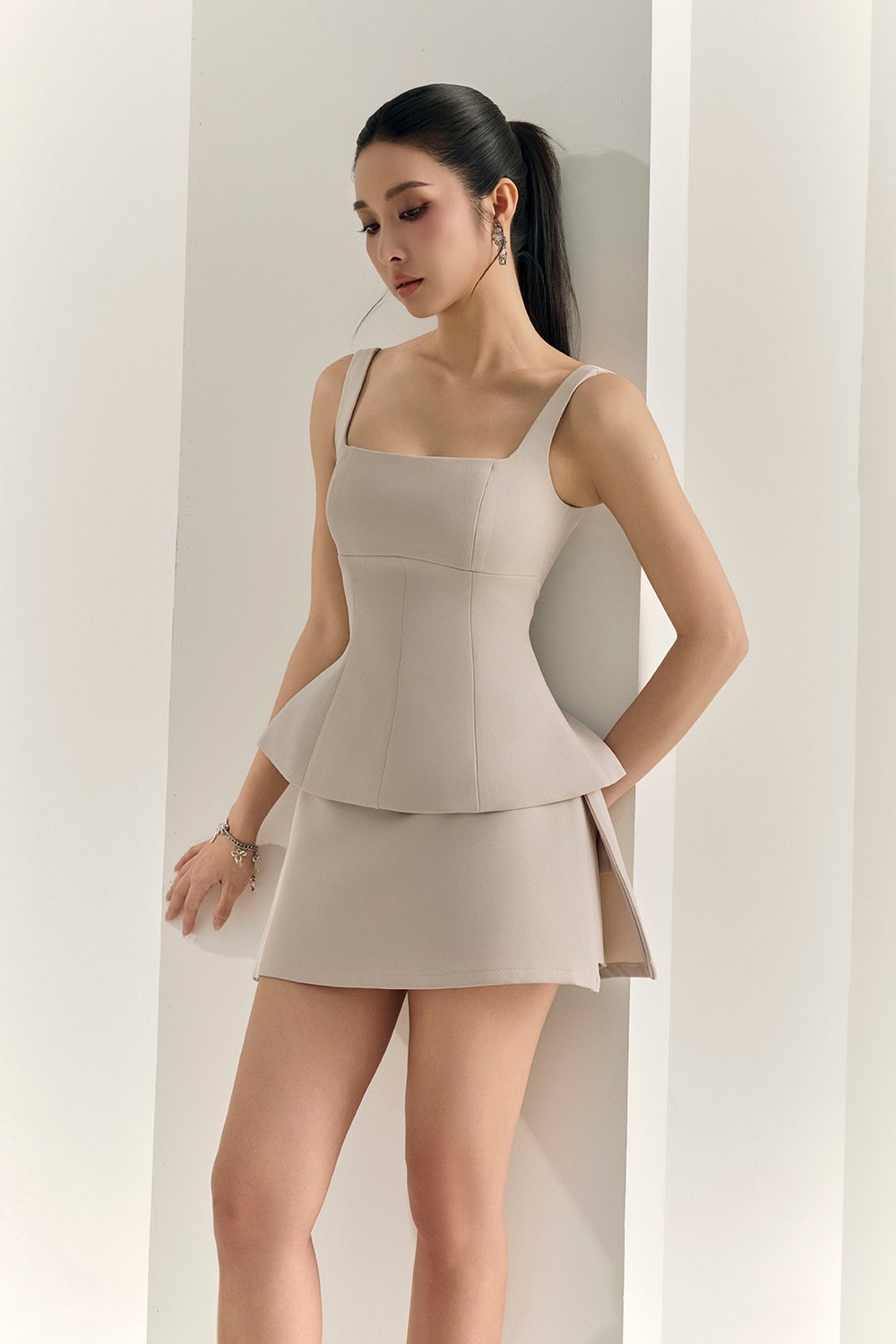 Seline Padded Peplum Top in Greige Stone