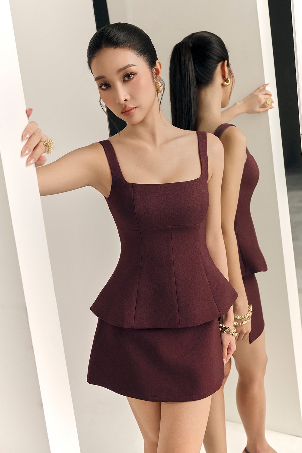 Seline Padded Peplum Top in Merlot