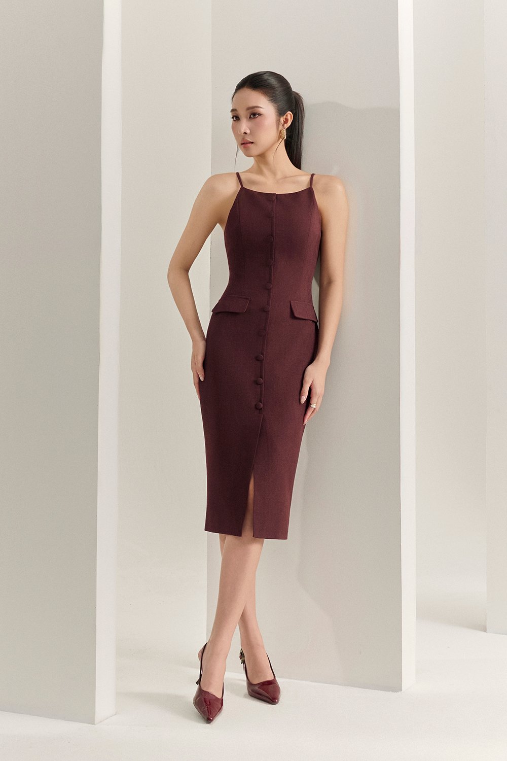 Veda Padded Strappy Pencil Dress in Merlot