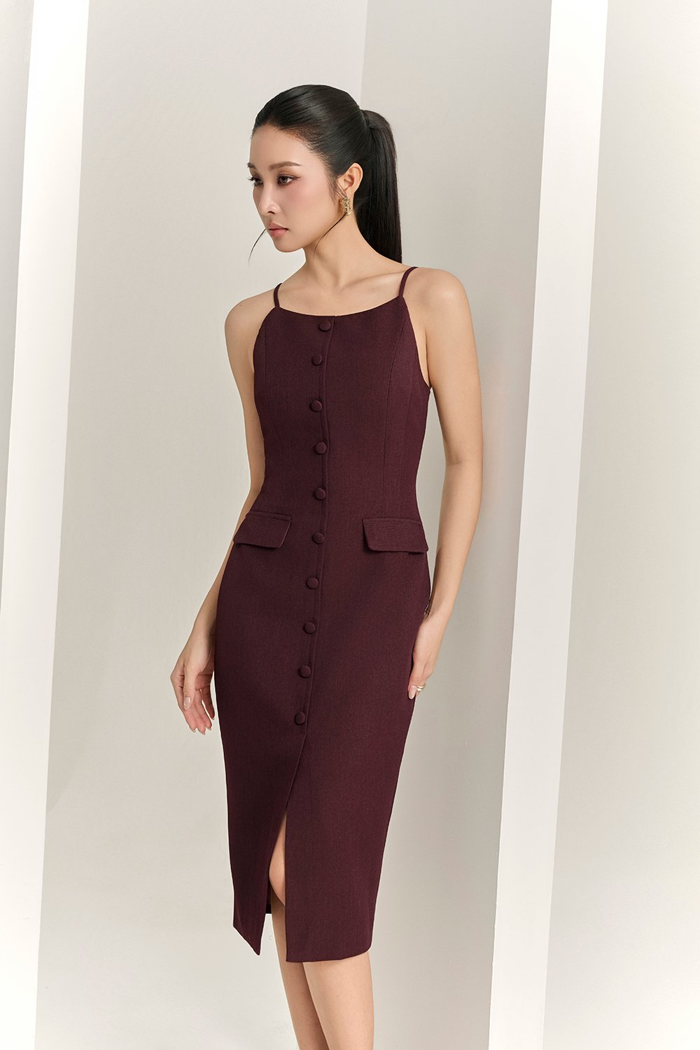Veda Padded Strappy Pencil Dress in Merlot
