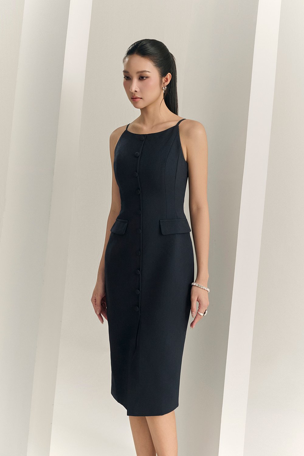 Veda Padded Strappy Pencil Dress in Midnight Blue