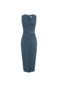 Caleigh V-neck Belted Pencil Dress in Aegean Blue