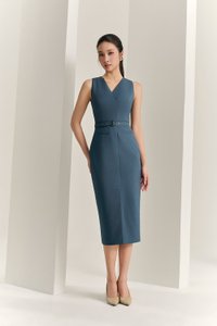 Caleigh V-neck Belted Pencil Dress in Aegean Blue