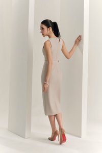 Caleigh V-neck Belted Pencil Dress in Greige Stone
