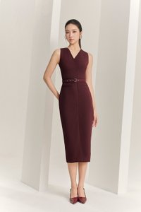 Caleigh V-neck Belted Pencil Dress in Merlot