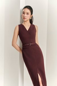 Caleigh V-neck Belted Pencil Dress in Merlot
