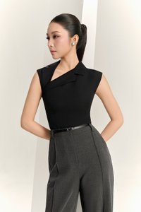 Louisa Padded Asymmetrical Collared Top in Classic Black