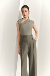 Louisa Padded Asymmetrical Collared Top in Moss Grey