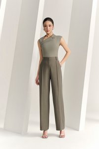 Louisa Padded Asymmetrical Collared Top in Moss Grey