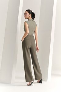 Louisa Padded Asymmetrical Collared Top in Moss Grey