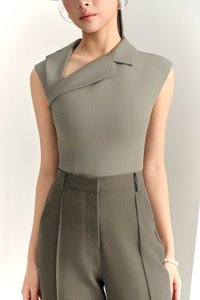 Louisa Padded Asymmetrical Collared Top in Moss Grey