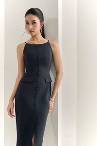 Veda Padded Strappy Pencil Dress in Midnight Blue