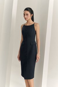 Veda Padded Strappy Pencil Dress in Midnight Blue