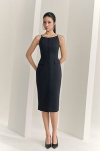 Veda Padded Strappy Pencil Dress in Midnight Blue