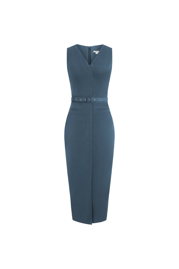 Caleigh V-neck Belted Pencil Dress in Aegean Blue