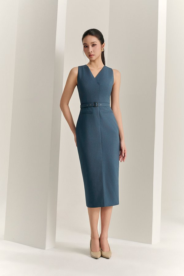 Caleigh V-neck Belted Pencil Dress in Aegean Blue