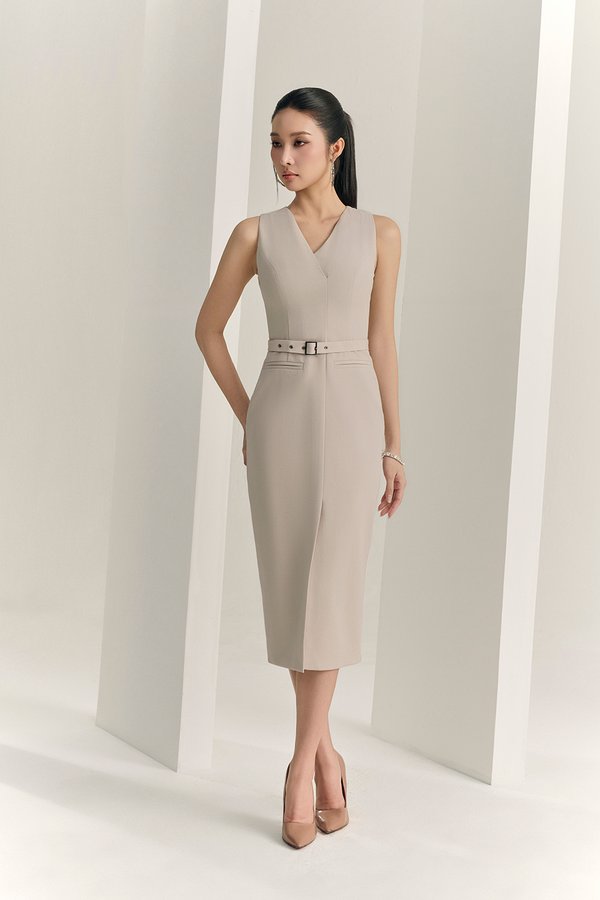 Caleigh V-neck Belted Pencil Dress in Greige Stone