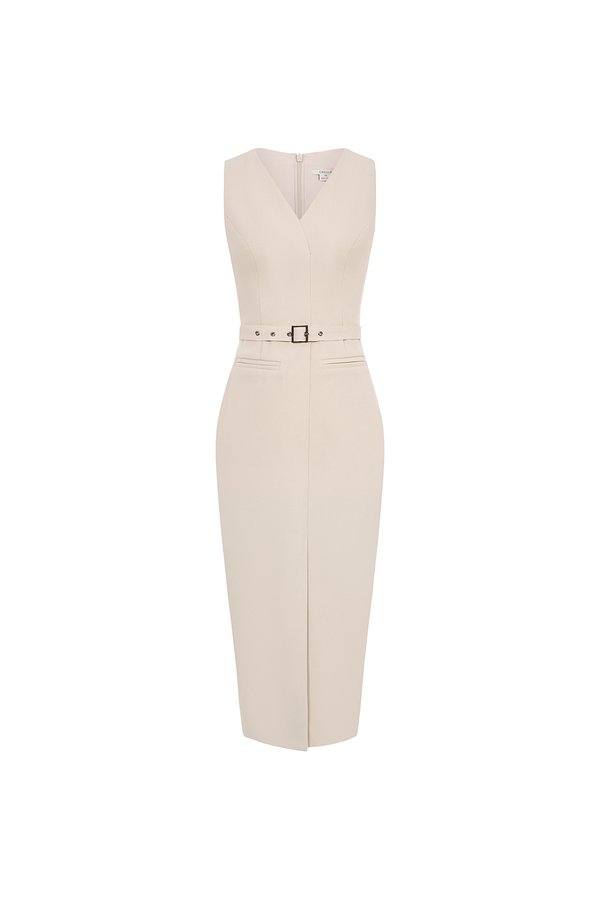 Caleigh V-neck Belted Pencil Dress in Greige Stone