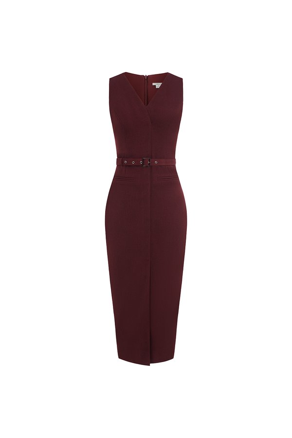 Caleigh V-neck Belted Pencil Dress in Merlot