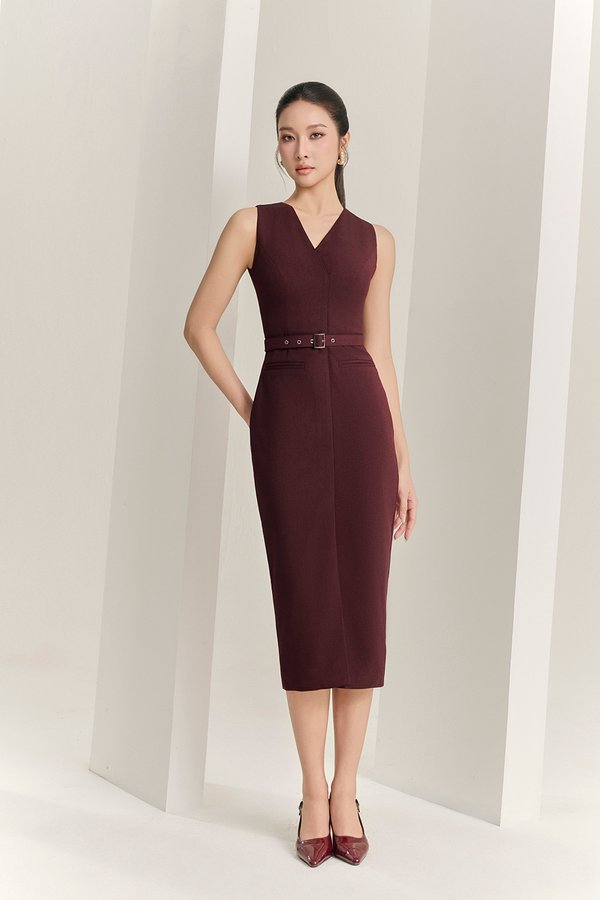 Caleigh V-neck Belted Pencil Dress in Merlot