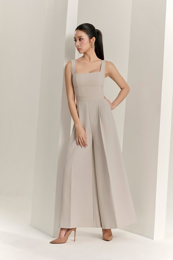 Hilda Padded Palazzo Jumpsuit in Greige Stone