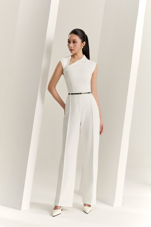 Louisa Padded Asymmetrical Collared Top in Iconic White