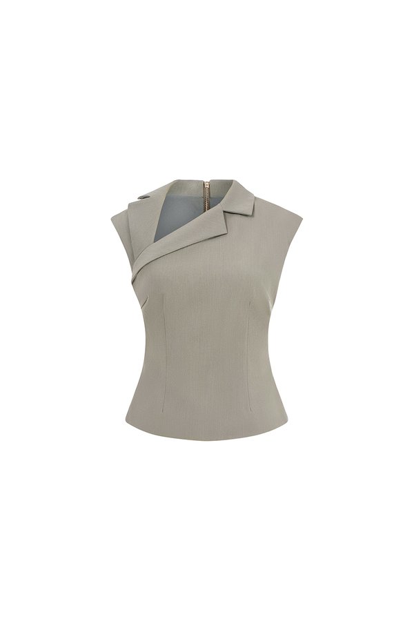 Louisa Padded Asymmetrical Collared Top in Moss Grey