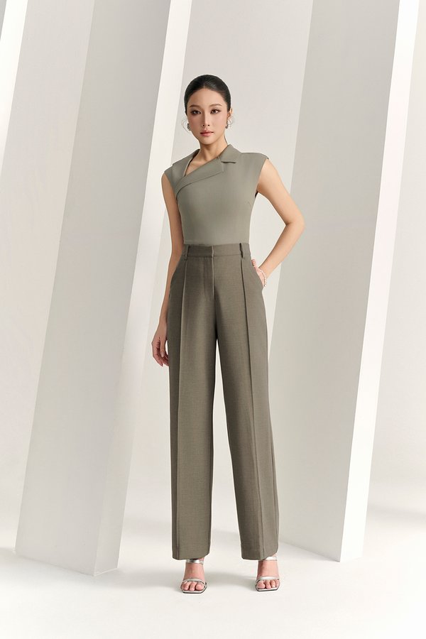 Louisa Padded Asymmetrical Collared Top in Moss Grey