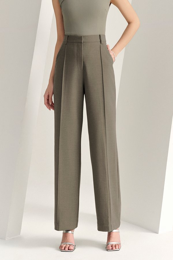 Orianna Pintucked Straight Pants in Smokey Olive