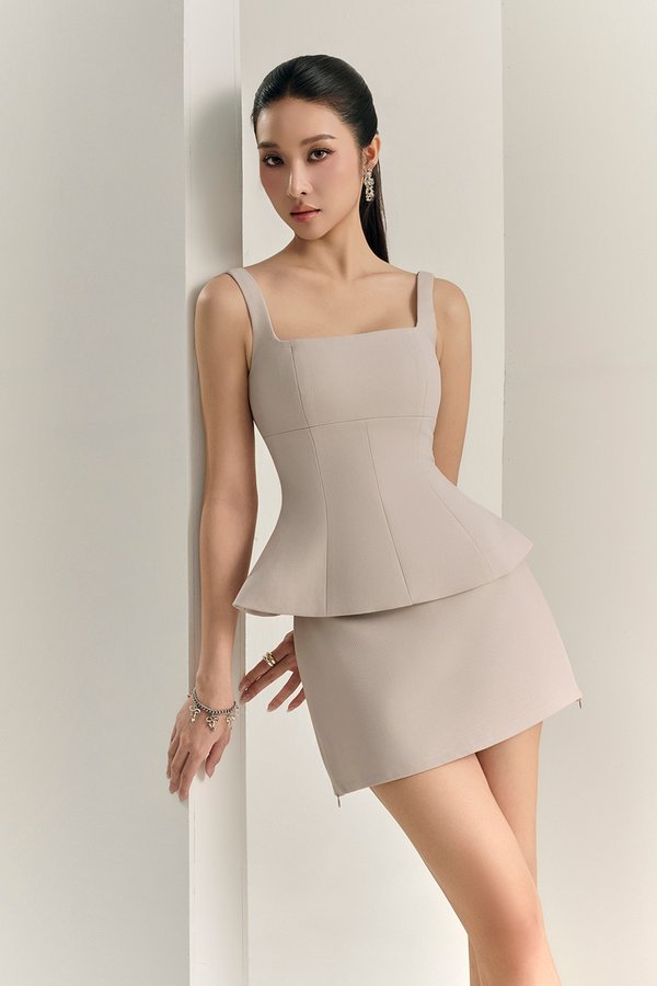 Seline Padded Peplum Top in Greige Stone