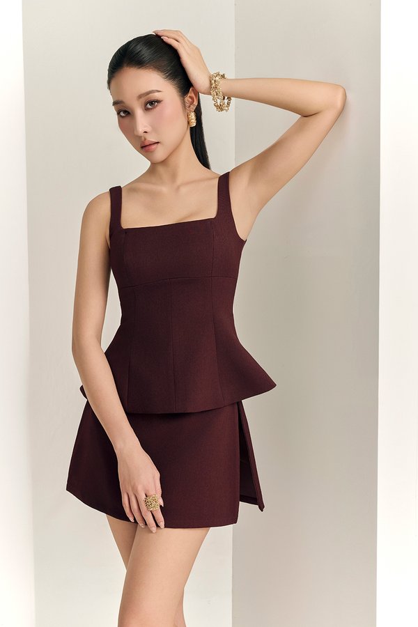 Seline Padded Peplum Top in Merlot