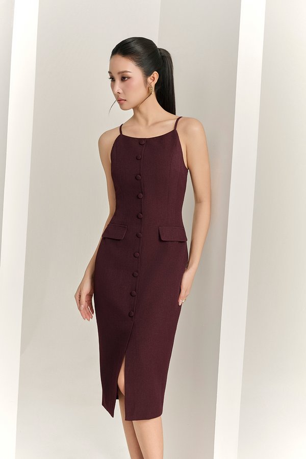 Veda Padded Strappy Pencil Dress in Merlot