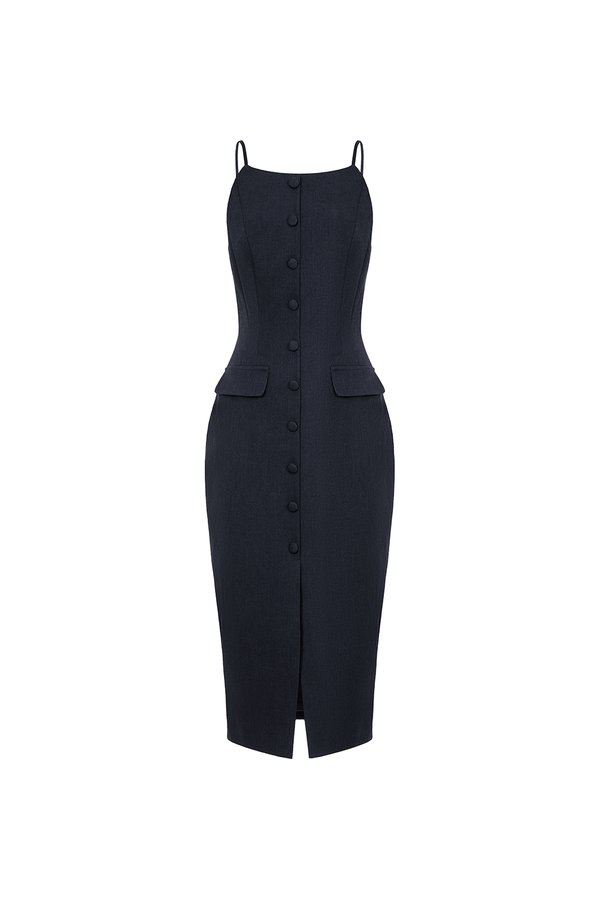 Veda Padded Strappy Pencil Dress in Midnight Blue