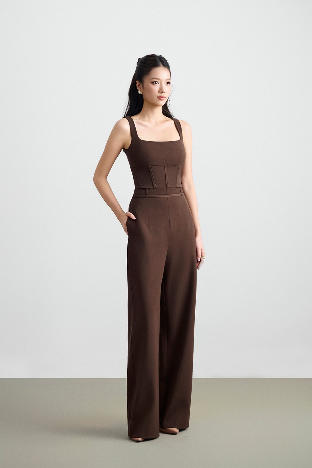 Arden Padded Square Neck Cropped Top in Saddle Brown