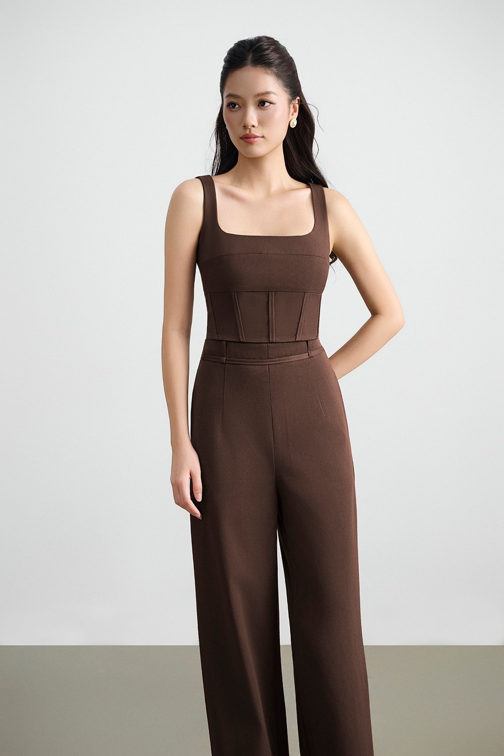 Arden Padded Square Neck Cropped Top in Saddle Brown