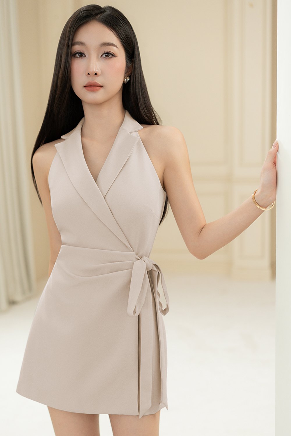 Avel Tailored Romper Dress in Greige Stone