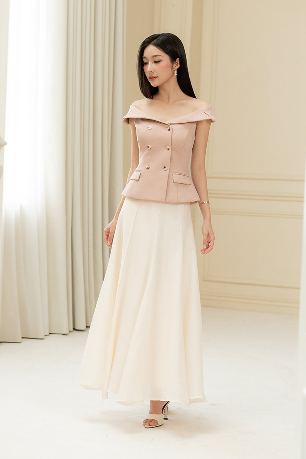 Delia Off Shoulder Tailored Top in Dusty Pink
