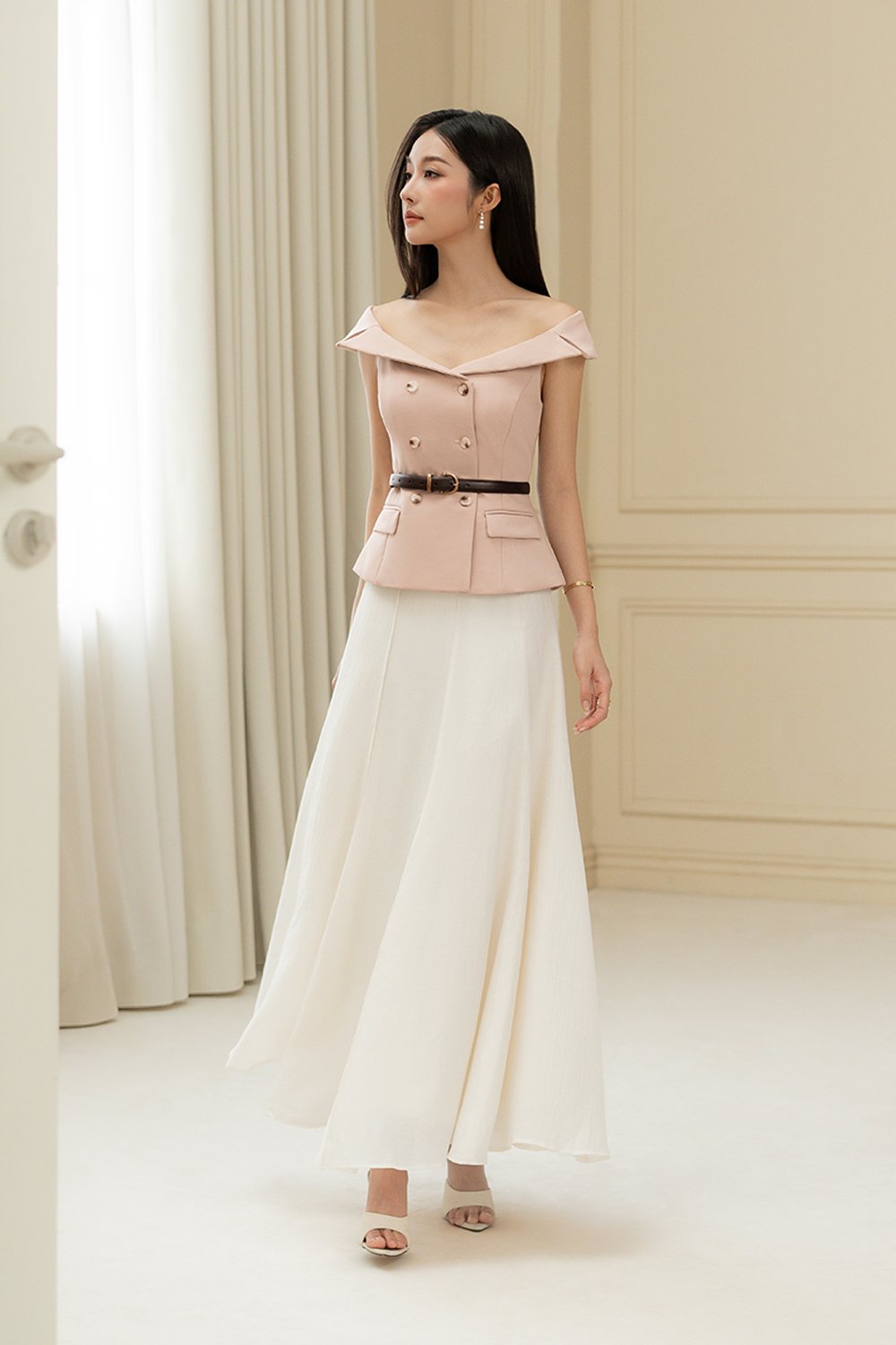 Delia Off Shoulder Tailored Top in Dusty Pink