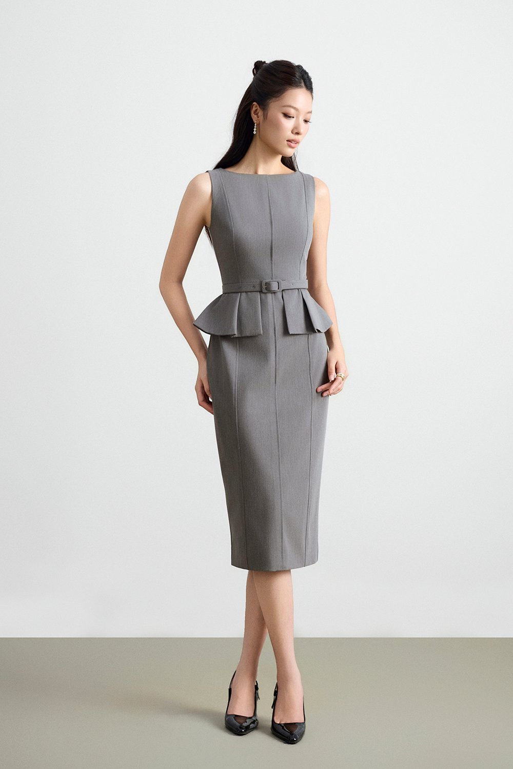 Geraldine Padded Peplum Pencil Dress in Heathered Grey
