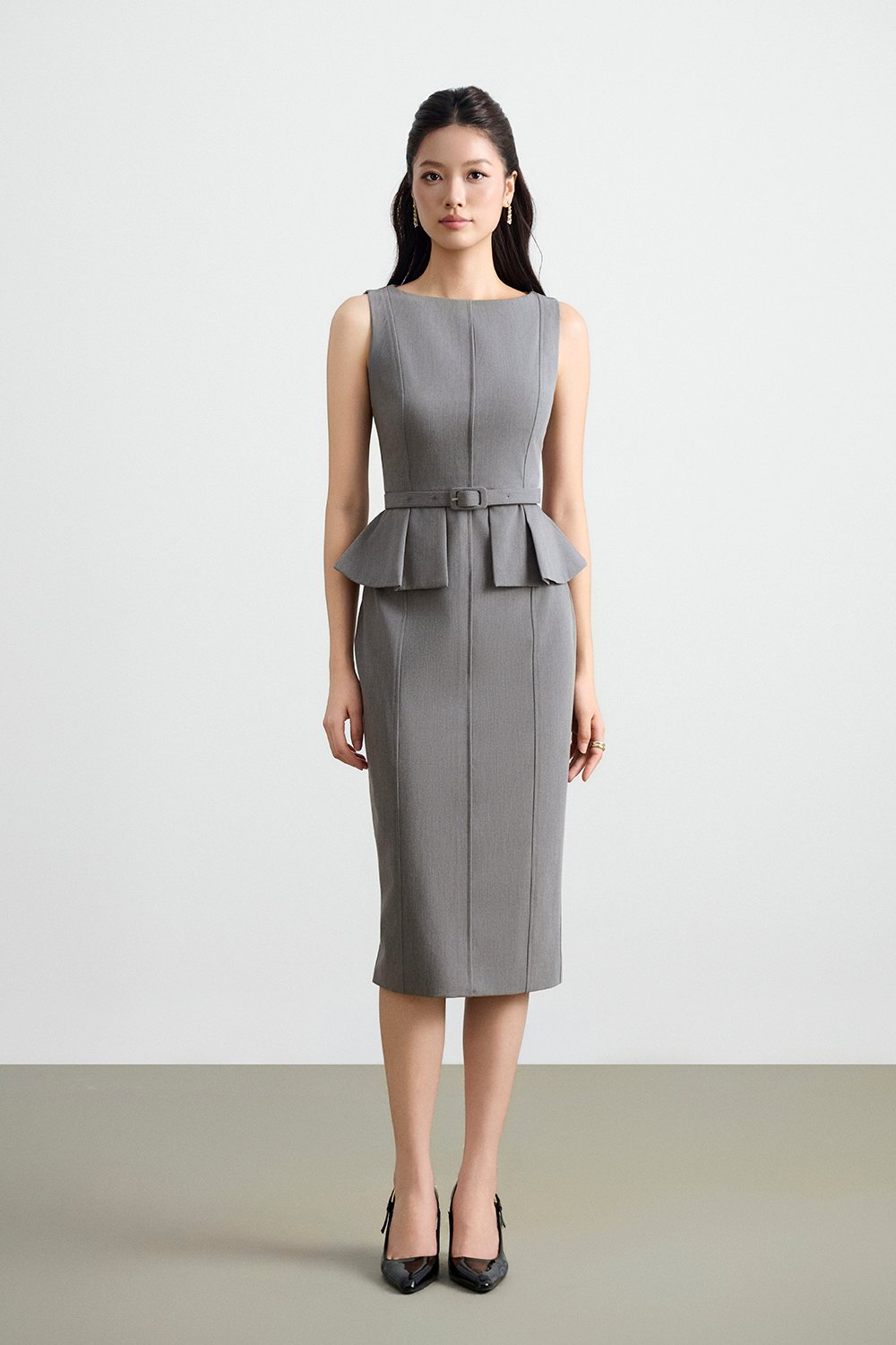 Geraldine Padded Peplum Pencil Dress in Heathered Grey