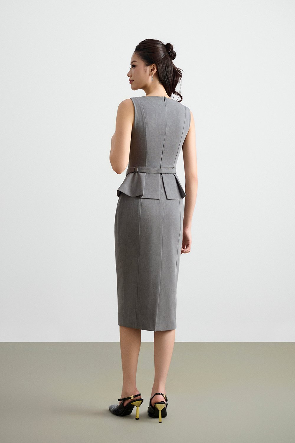 Geraldine Padded Peplum Pencil Dress in Heathered Grey