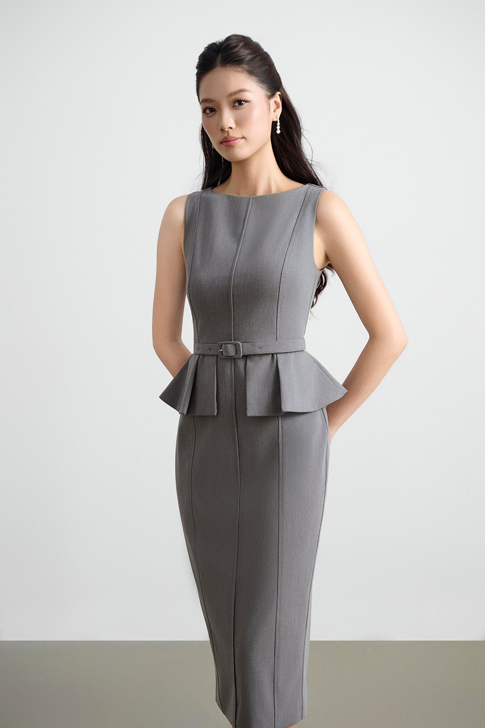 Geraldine Padded Peplum Pencil Dress in Heathered Grey
