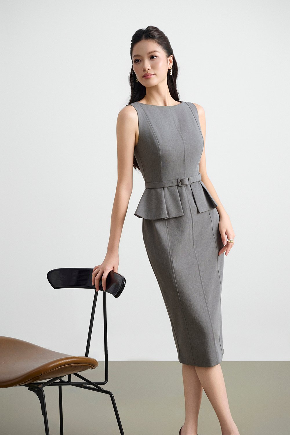 Geraldine Padded Peplum Pencil Dress in Heathered Grey