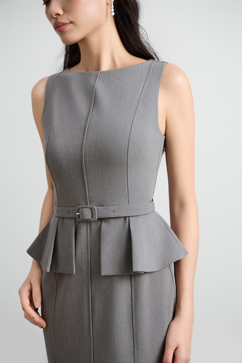 Geraldine Padded Peplum Pencil Dress in Heathered Grey