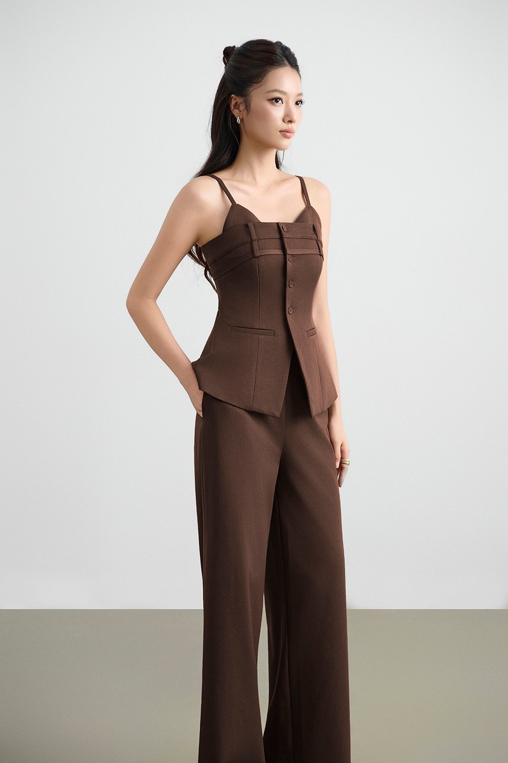 Megan Bustier Tailored Camisole Top in Saddle Brown
