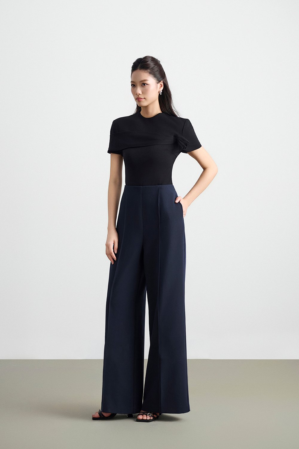 Millie Pintuck Wide Leg Pants in Navy Blue